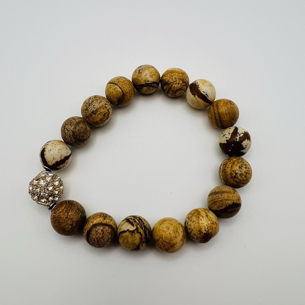 Brown Stretch Bracelet w/ Rhinestone Bead Boho Natural Stone